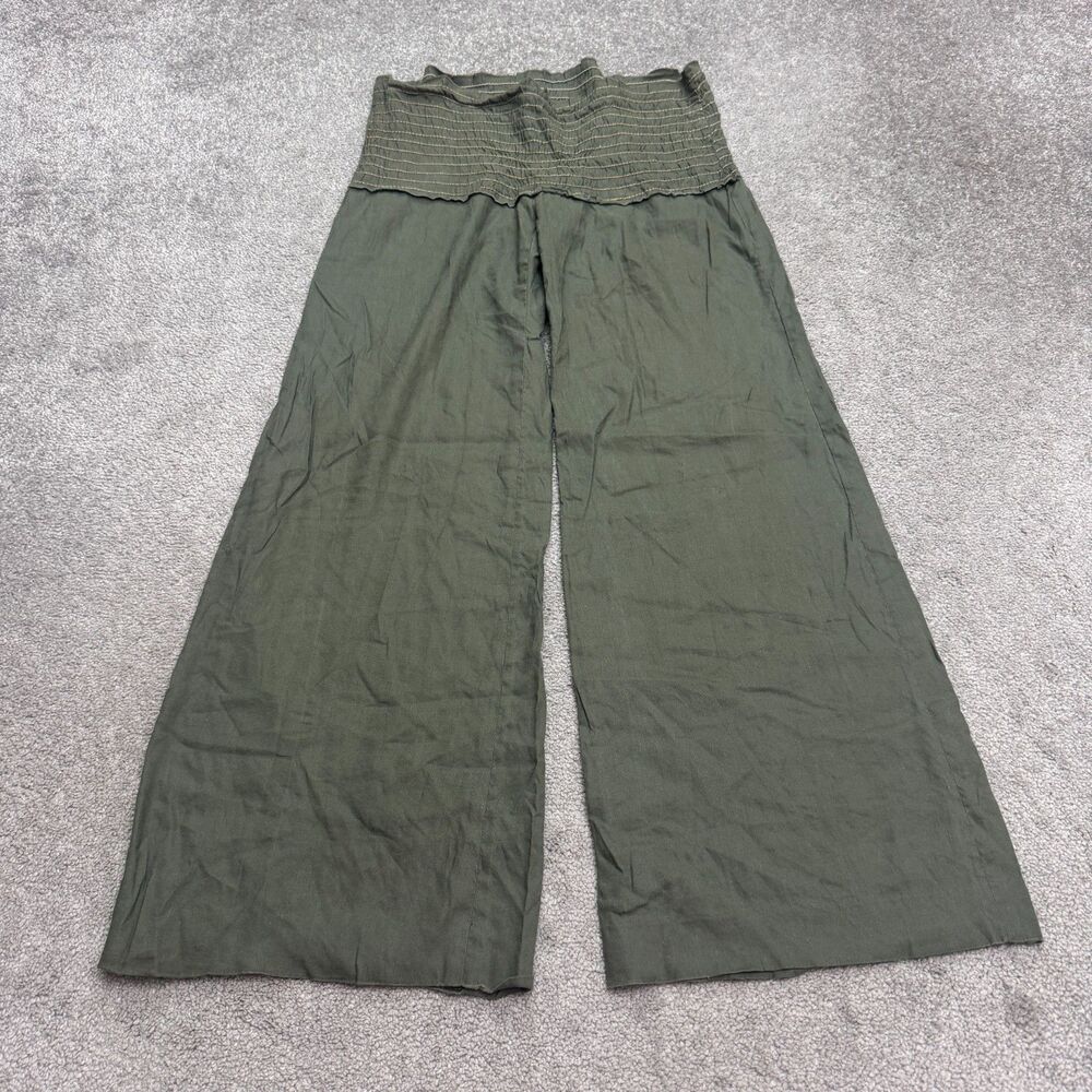 Ya-Ya Linen Blend Smocked Low Rise Wide LEg Palazzo Pants Womens 6 Olive Green